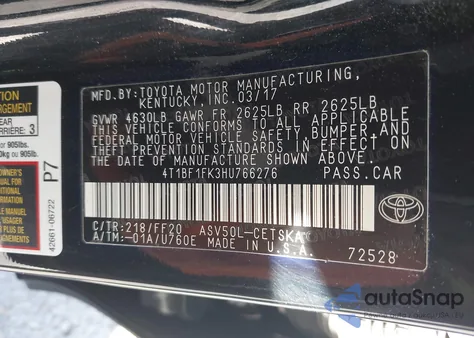 2017 Toyota Camry Se from USA, damaged, VIN 4T1BF1FK3HU766276
